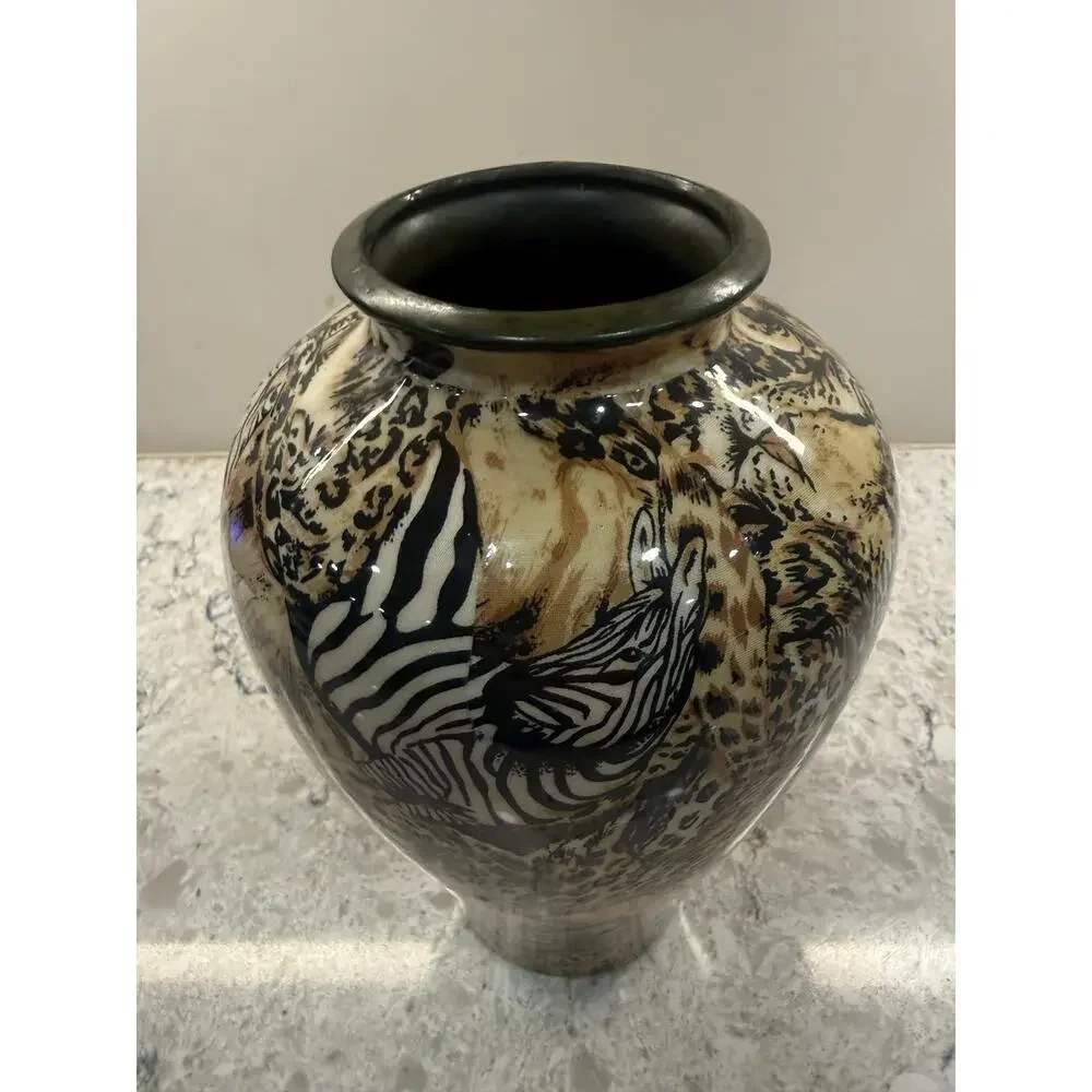 Vintage Porcelain Art Pottery Vase Safari Animal Print Brown Black 9